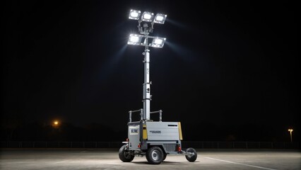 A medium closeup of a mobile lighting tower with adjustable height and multiple light fixtures providing extensive visibility across the site at night with a sleek design and