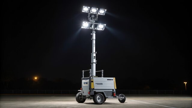 A medium closeup of a mobile lighting tower with adjustable height and multiple light fixtures providing extensive visibility across the site at night with a sleek design and