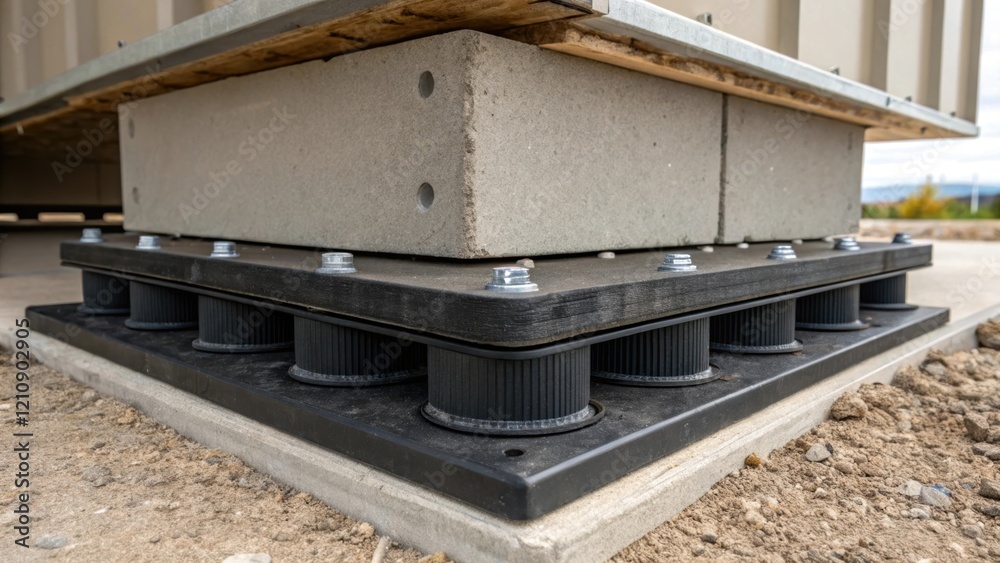 Poster a medium closeup of a modern seismic isolation pad prominently displayed under a buildings foundatio