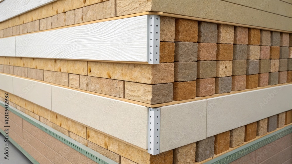 Poster a medium closeup of a multilayered wall assembly where one can see the fiberboard vapor barrier and 