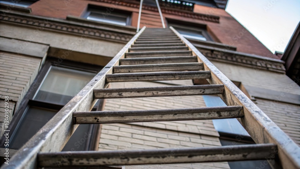 Poster a medium closeup of a metal fire escape ladder hanging down from a building facade with weathered ru