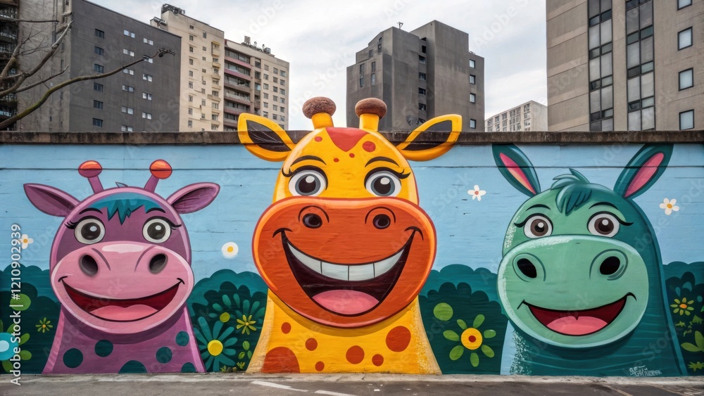 Poster a medium closeup of a mural featuring oversized whimsical animals with exaggerated colors and playfu