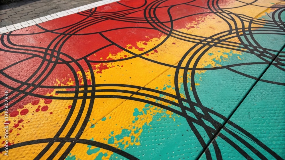 Poster A medium closeup of an abstract design showcasing bold splashes of red yellow and teal interwoven with black lines that create a sense of movement and rhythm in the heart of the