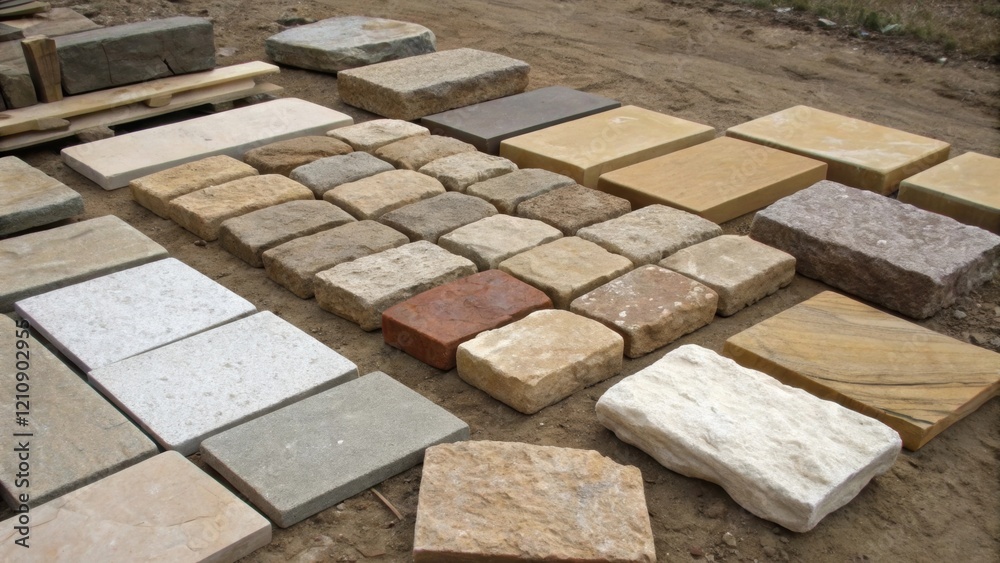 Poster A medium closeup of an assortment of stone blocks in various shapes and sizes on the ground illustrating the diverse materials a mason works with while planning the layout for a