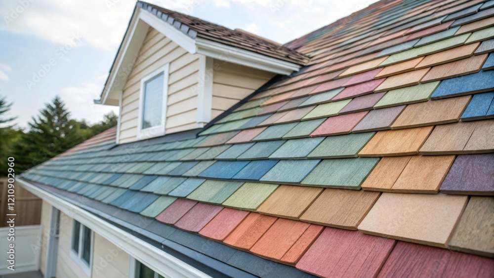 Poster A medium closeup of an array of colorful shingles stacked neatly on the roof showcasing the variety of colors and textures that enhance the homes aesthetic appeal.