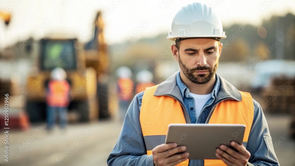 Poster A medium closeup of an engineer analyzing data on a tablet while standing onsite with construction machinery and workers in the blurred background emphasizing the importance of