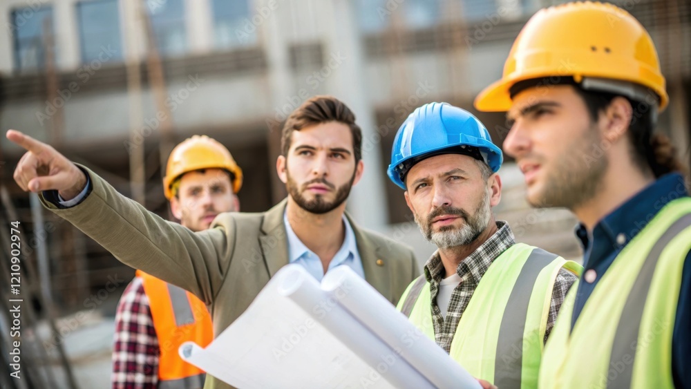 Aufkleber A medium closeup of an architect gesturing with a set of architectural tools in hand as they explain a design feature to a group of construction workers who are listening