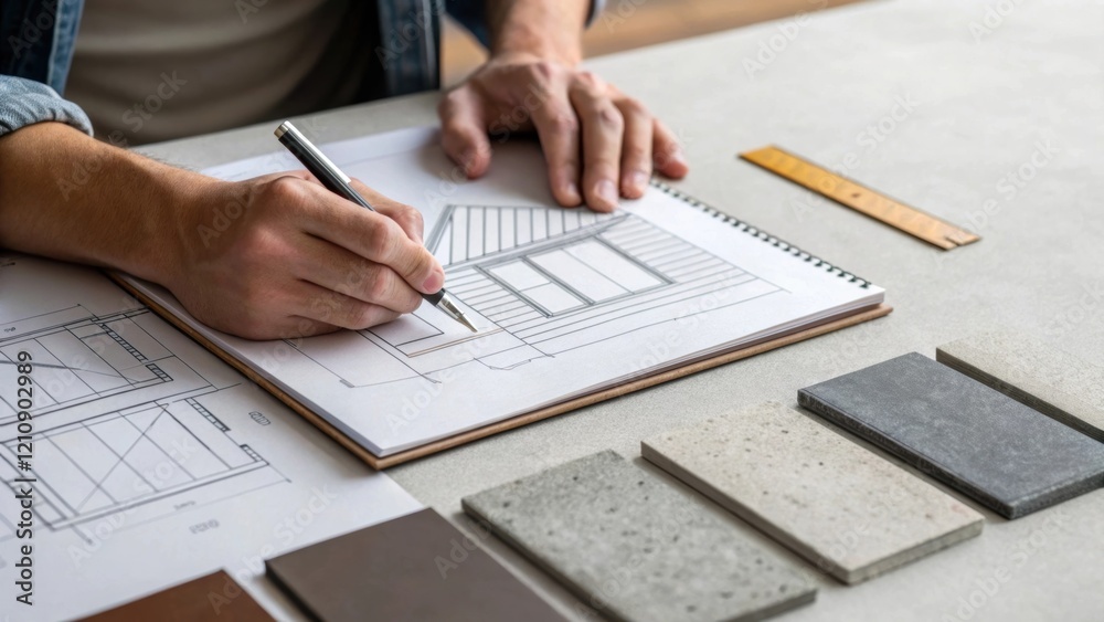 Poster A medium closeup of an architects hands sketching a new building design that prominently features recycled materials with samples of steel and concrete laid out on the table.