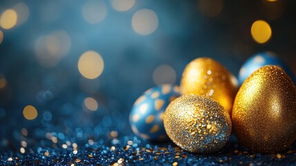 Vibrant easter eggs in gold and blue with glitter on shimmering background for holiday decor