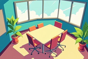 Fototapeta premium Modern Conference Room with Large Windows and Green Plants Offering a Bright, Inviting Atmosphere for Productive Meetings and Collaborations