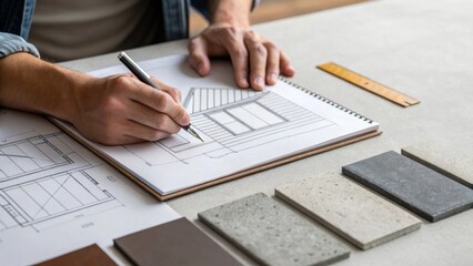 Fototapeta premium A medium closeup of an architects hands sketching a new building design that prominently features recycled materials with samples of steel and concrete laid out on the table.