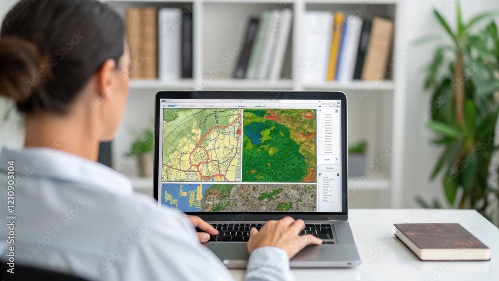 Aufkleber A medium closeup of an environmental consultant using GIS technology on a laptop to analyze land use maps illustrating the integration of technology in assessing ecological impacts