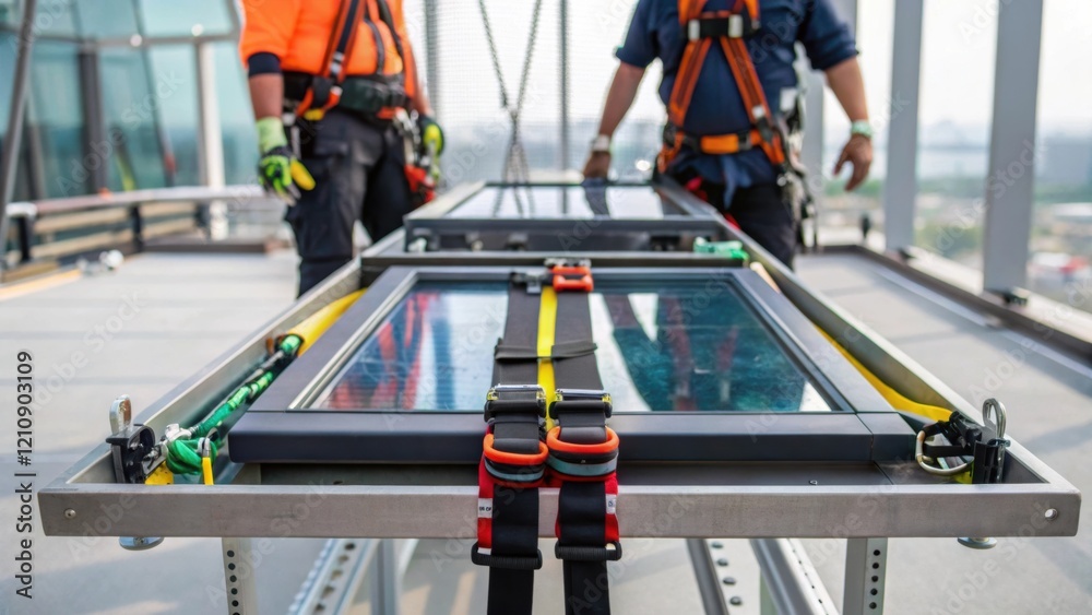 Poster A medium closeup of an elevated work platform with a glass panel being lifted displaying safety harnesses and tools while showcasing the height and scale of the project.