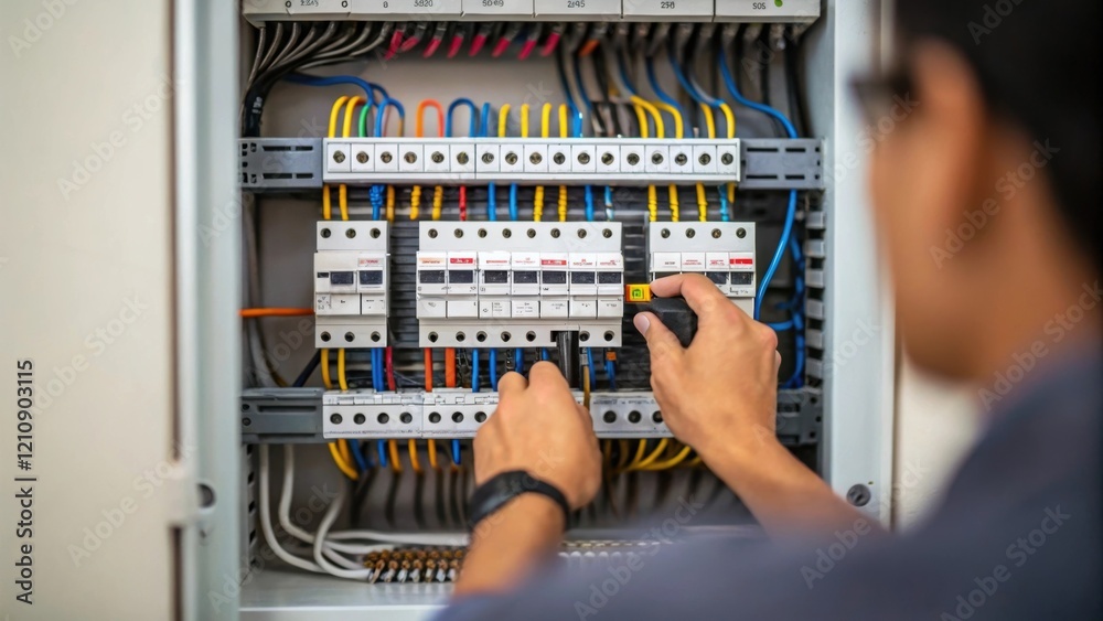 Aufkleber A medium closeup of an electrician inspecting a circuit breaker panel focused on the array of wires and terminals showcasing the complexity of electrical setups.