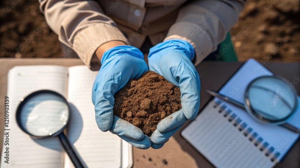 Aufkleber A medium closeup of an engineer holding a sample of soil in gloved hands inspecting it closely under natural light with essential instruments subtly arranged on a nearby surface.