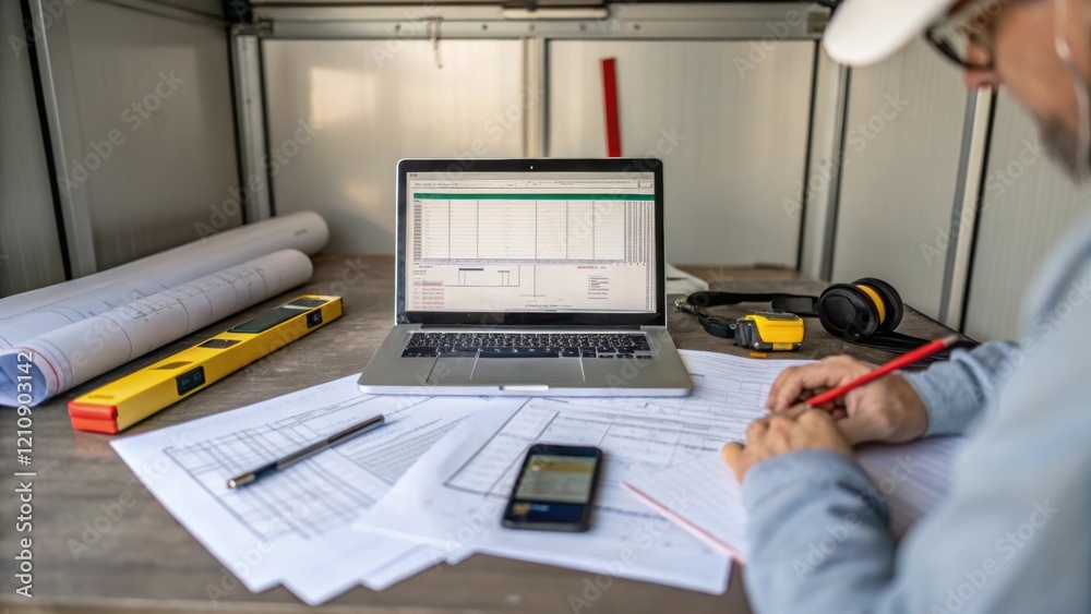 Aufkleber A medium closeup of an engineer analyzing vibration data on a laptop inside a portable site office surrounded by construction plans and tools reflecting the importance of data