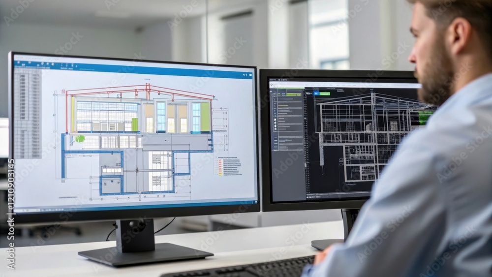 Aufkleber A medium closeup of an engineer analyzing a complex building design on a dualmonitor setup where one screen displays BIM software with layers of electrical and plumbing schematics