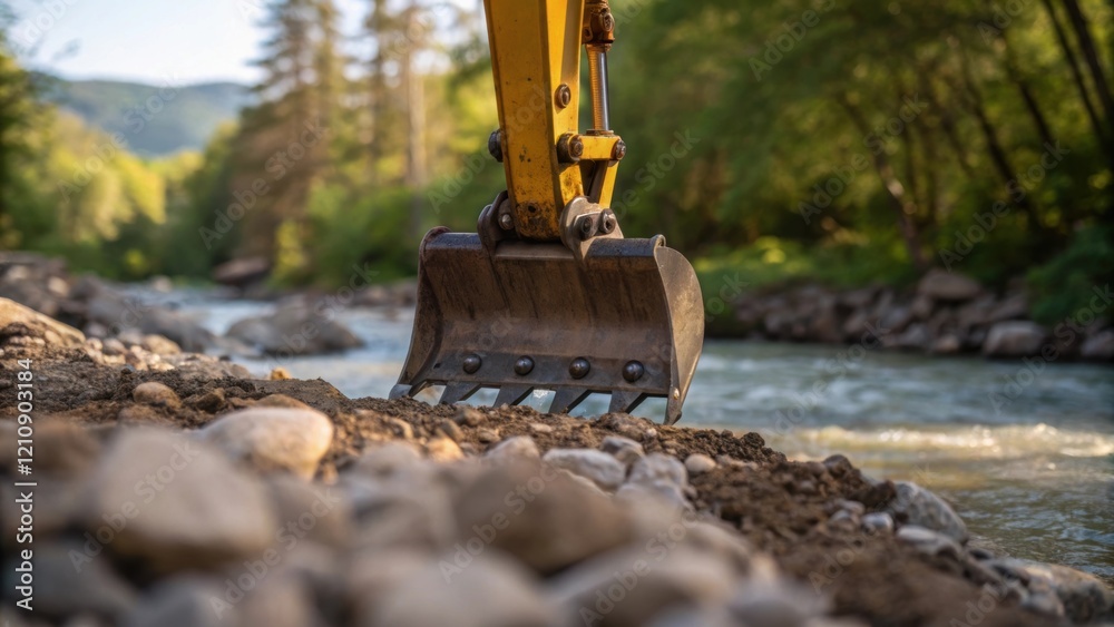 Poster a medium closeup of an excavators claw extracting dirt and rocks from the riverbank showcasing the c