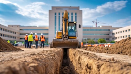 A medium closeup of an excavator digging trenches for plumbing and electrical installations next to the newly framed structure of a hospital with construction workers collaborating