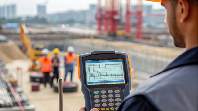 A medium closeup of an engineer examining a handheld vibration analyzer with graphs and data on the screen while standing near a busy construction site.
