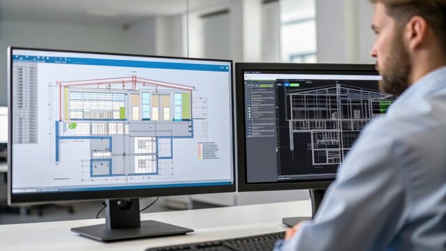 A medium closeup of an engineer analyzing a complex building design on a dualmonitor setup where one screen displays BIM software with layers of electrical and plumbing schematics