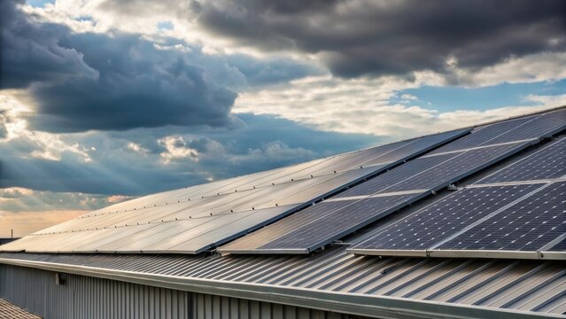 A medium closeup of angled solar panels mounted on a warehouse roof revealing their strategic positioning to maximize sunlight absorption set against the backdrop of expansive