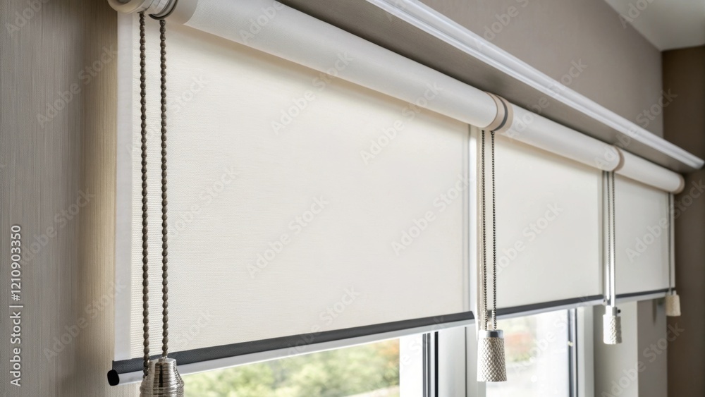 Poster a medium closeup of a pair of modern roller shades being adjusted with a sleek cord highlighting the