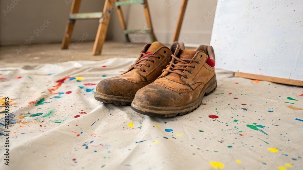 Leinwandbilder a medium closeup of a painters shoes on a drop cloth splattered with various colors symbolizing the 