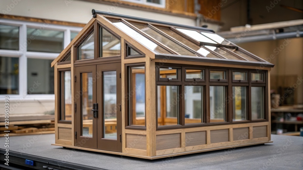 Poster A medium closeup of a partially assembled unit revealing large windows and an open frame highlighting the integration of natural light into the design.