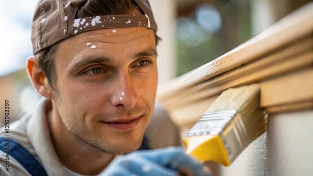 Poster a medium closeup of a painters face illuminated by natural light showing concentration and satisfact