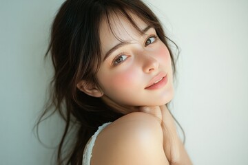 Naklejka premium Beauty Portrait of a Young Woman with Flowing Hair in Natural Light