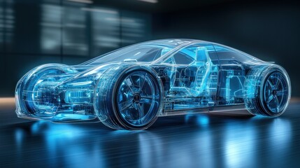 Fototapeta premium Futuristic Electric Car Concept with Transparent Chassis and Battery Displayed in Digital Illustration Style