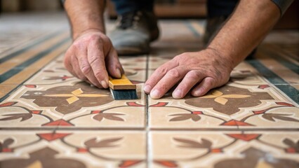 Obraz premium A medium closeup of a pair of hands restoring a vintage tile floor carefully cleaning and replacing broken tiles while preserving the original pattern and color scheme.