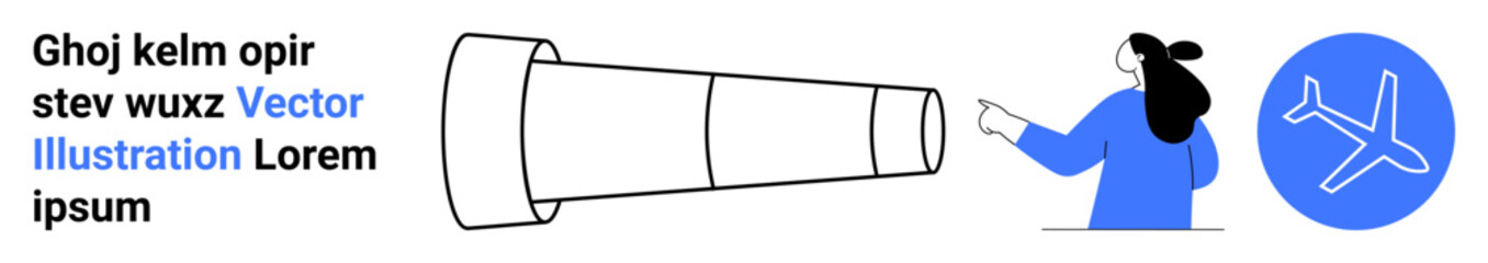 Woman in blue pointing at large telescope, accompanied by a vector plane icon in a blue circle. Ideal for travel, exploration, astronomy, education, adventure, innovation, and technology themes