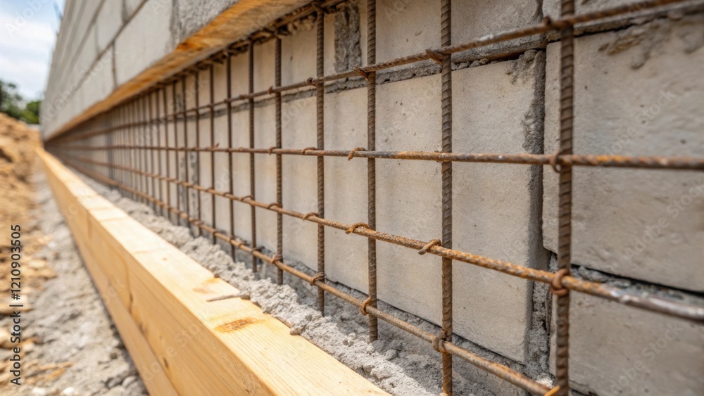 Aufkleber A medium closeup of a reinforced wall with exposed rebar and newly poured concrete demonstrating the layering technique applied to increase lateral stability and prevent failure