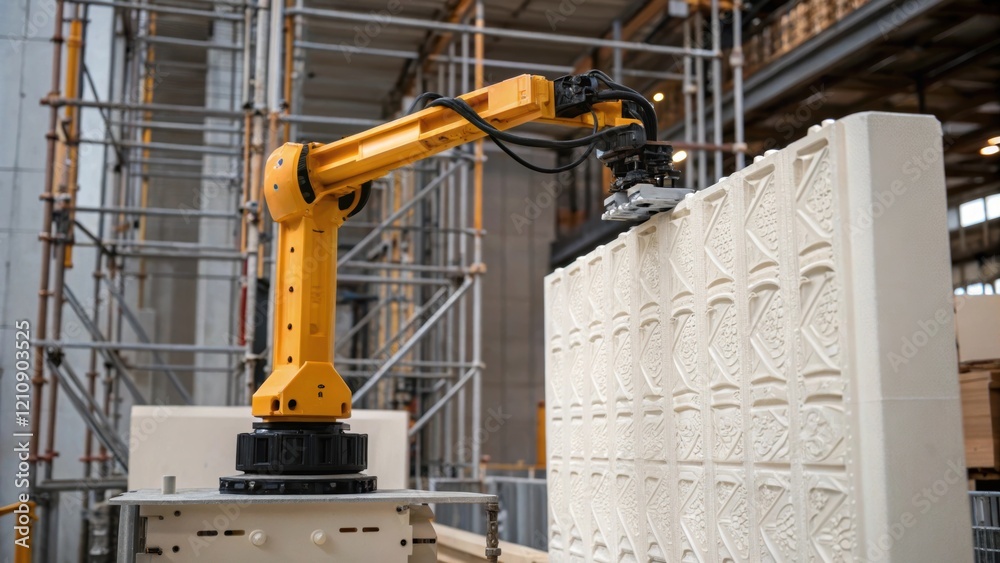 Poster a medium closeup of a robotic arm meticulously placing a large 3dprinted wall section onto a constru