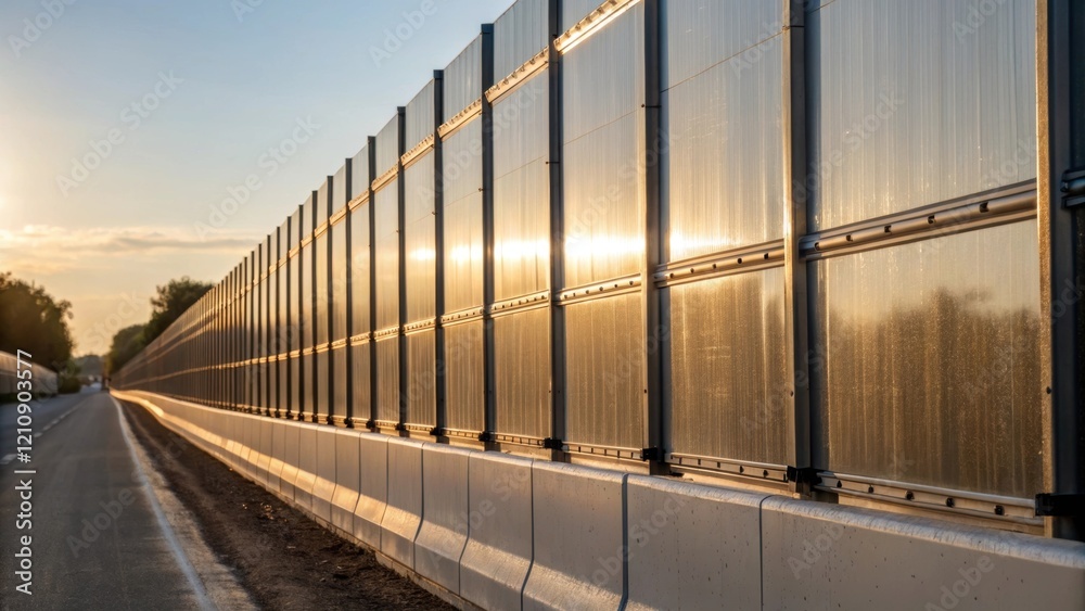 Poster a medium closeup of a row of reflective sound barriers their smooth surfaces glistening in the sunli