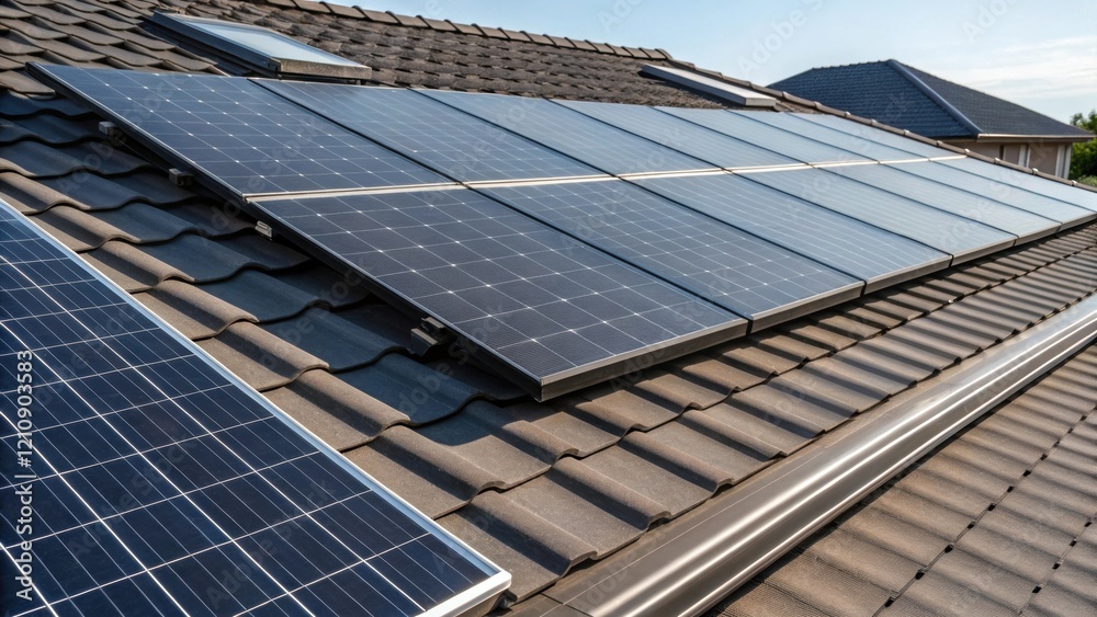 Poster A medium closeup of a rooftop covered with partially installed solar panels capturing the contrast between the sleek solar technology and the traditional roofing materials.