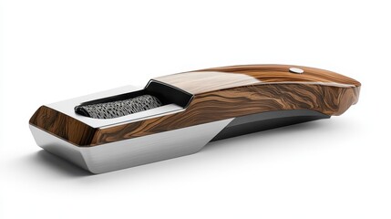 Modern wood and metal handheld cheese grater with ergonomic design