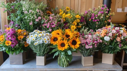 Sunflowers, daisies, roses, shop display, bouquets, wooden background, floral arrangement, sale