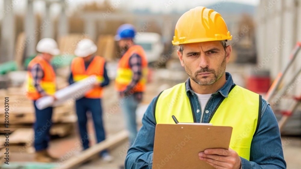 Poster a medium closeup of a safety inspector reviewing equipment with a clipboard in hand his face serious