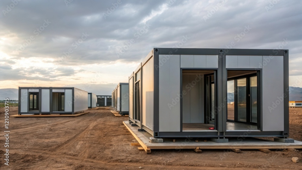 Aufkleber A medium closeup of a site where multiple prefabricated modules are being assembled capturing the contrast between the raw landscape and the modern sleek lines of the factorybuilt