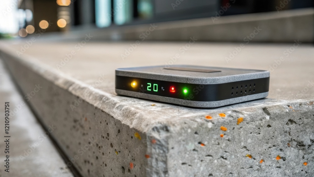 Poster A medium closeup of a smart sensor embedded in a concrete slab with LED indicators displaying realtime data about moisture levels and structural integrity indicating advancements