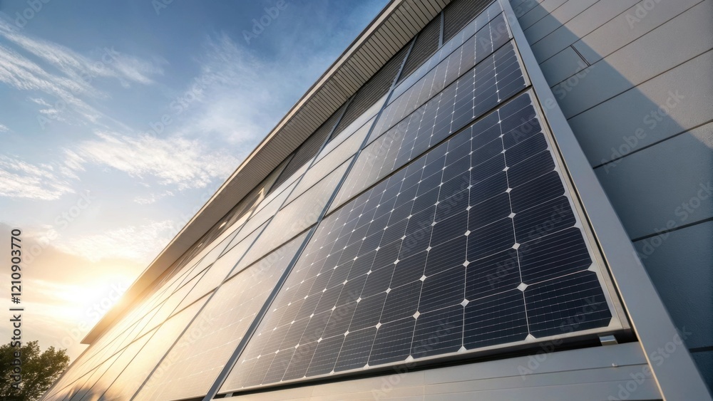 Poster A medium closeup of a solar panel integrated into a building faÃ§ade. The sleek surface reflects the surrounding environment while the sun casts soft shadows emphasizing the