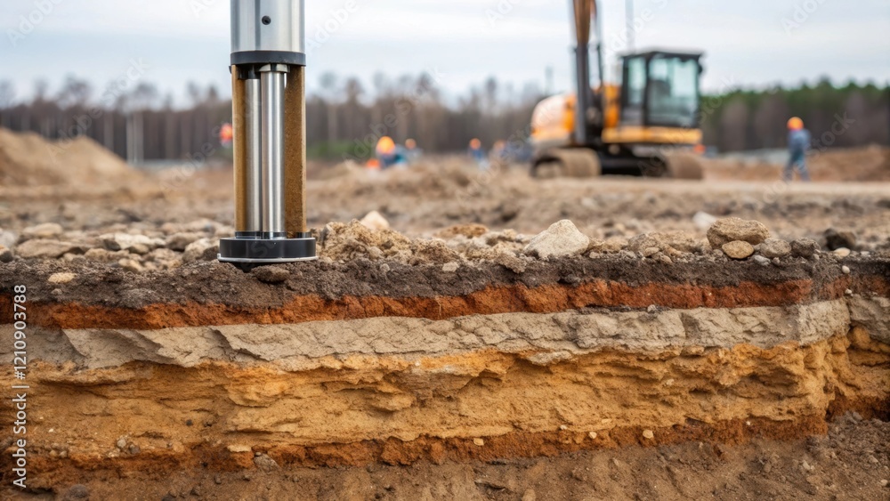 Poster A medium closeup of a soil and sediment sampler being inserted into the ground at a construction site with layers of earth and tered rocks in focus.