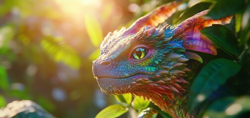 Vibrant iridescent dragon portrait, bathed in sunlight amongst lush green foliage. Fantasy creature, mythical beast.