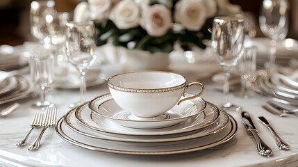 Fototapeta premium Elegant table setting with fine china, silverware, and glassware.