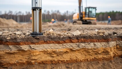 A medium closeup of a soil and sediment sampler being inserted into the ground at a construction site with layers of earth and tered rocks in focus.