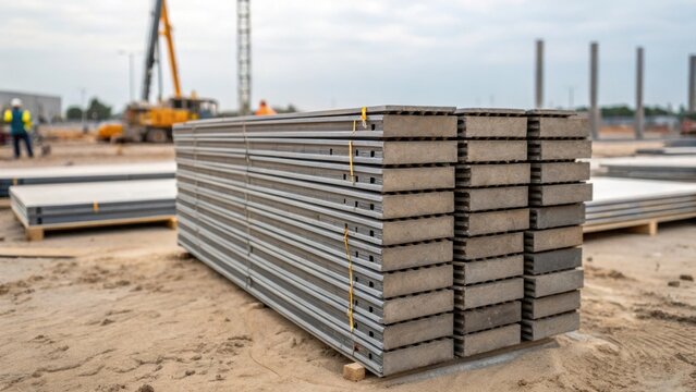 A medium closeup of a stack of reusable formwork panels resting on a construction sites ground underscoring the practice of employing durable materials to decrease waste generation