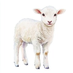 Fototapeta premium This artwork features a charming lamb in watercolor, showcasing its soft fur and gentle expression against a pristine white background